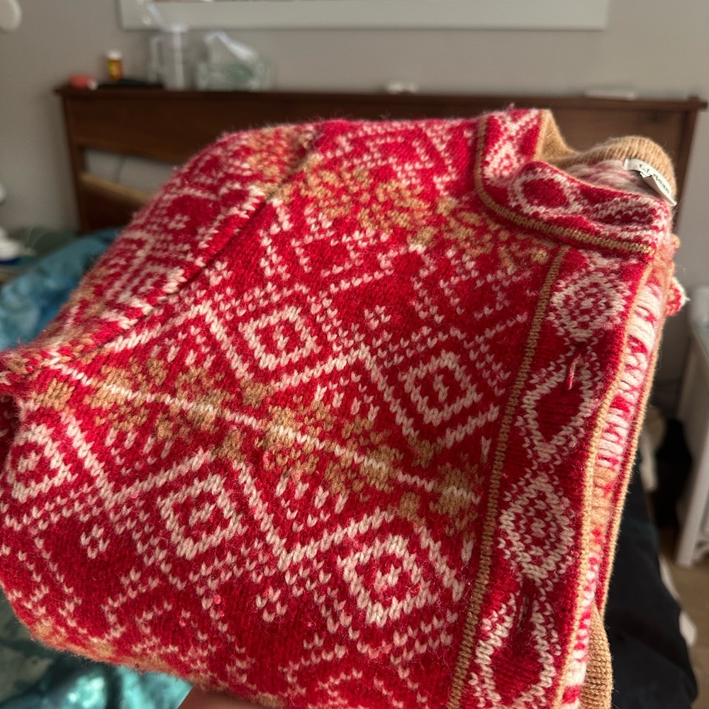 Ll Bean Red Wool Nordic Button up Sweater